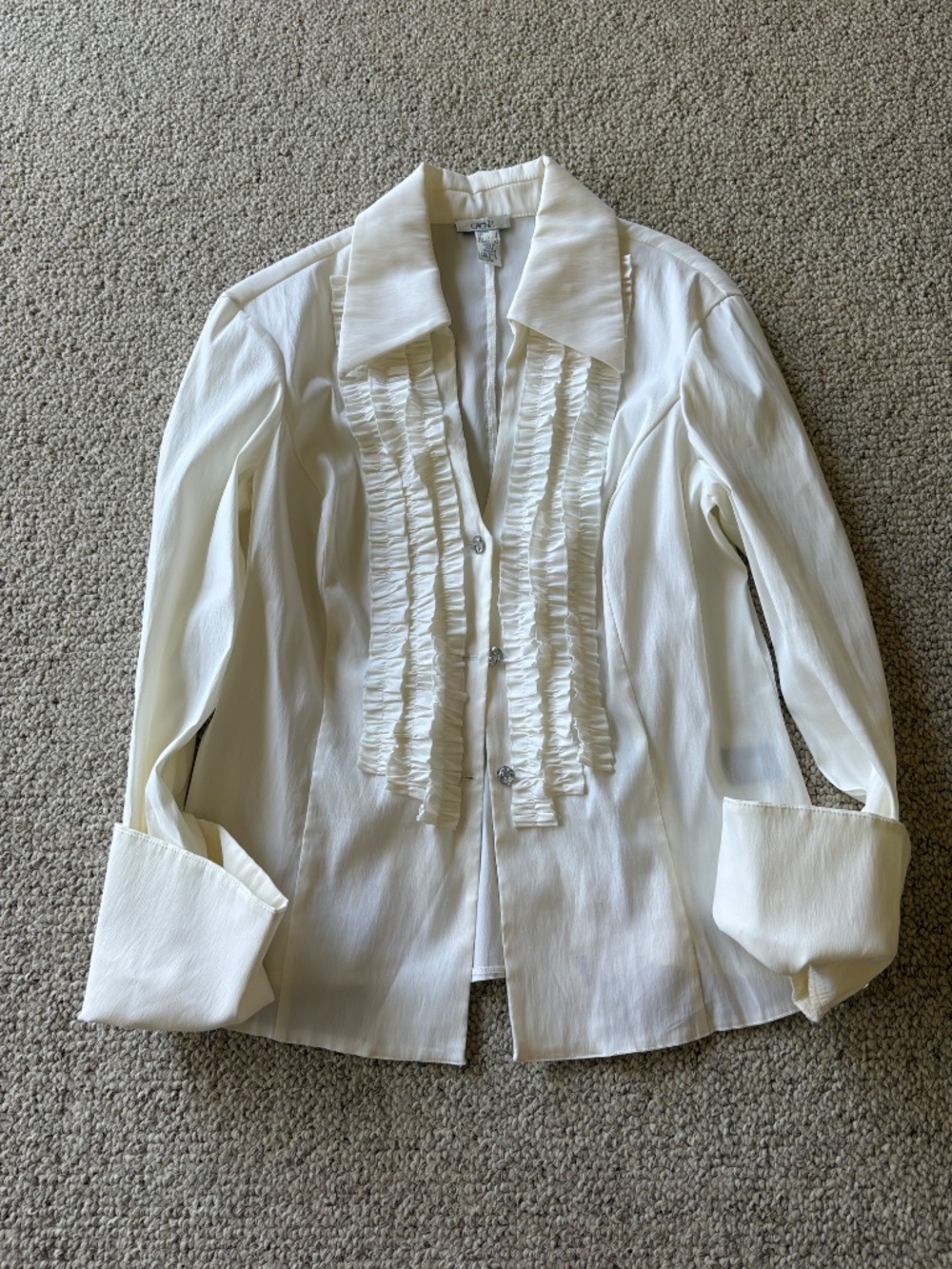 Cache Vintage Ruffle Tuxedo Blouse White Office Siren French Cuffs 12 Corporate - Picture 2 of 12